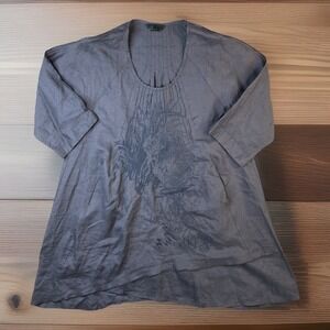 Peacock Ways Tunic Top Gray 3/4 Sleeve Linen Embroidered Artsy Lagenlook Sz‎ M